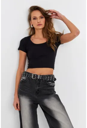 Kadın Siyah Crop Bluz OR0232