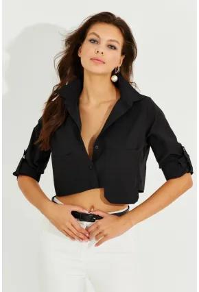Kadın Siyah Crop Cepli Gömlek TD153