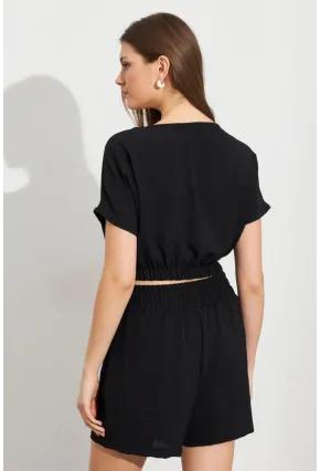 Kadın Siyah Crop Şort Takım Q1014