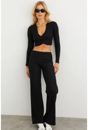 Kadın Siyah Crop Üstlü İkili Pantolon Takım XL10052