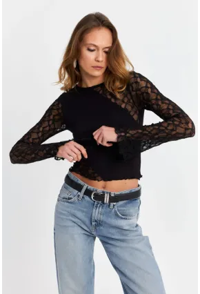 Kadın Siyah Dantel Bloklu Bluz FS9832