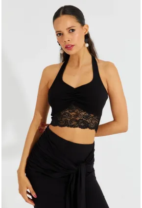 Kadın Siyah Dantel Detaylı Crop Bluz B2549