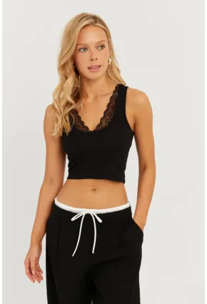 Kadın Siyah Dantel Detaylı Crop Bluz CY446