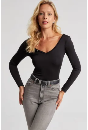 Kadın Siyah Dantel Detaylı V Yaka Bluz EY2672