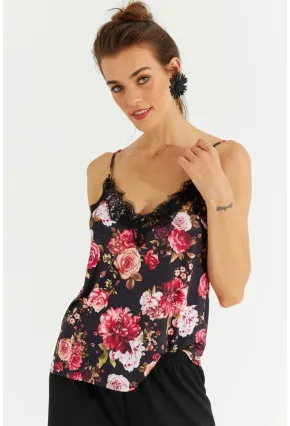 Kadın Siyah Dantelli Askılı Çiçekli Bluz LPP1227