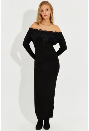 Kadın Siyah Dantelli Triko Maxi Elbise KED123