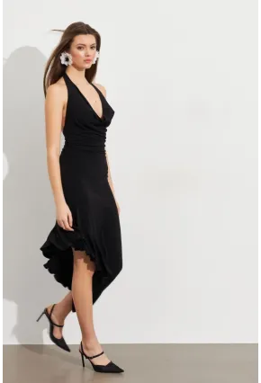 Kadın Siyah Degaje Asimetrik Midi Elbise İRE1436