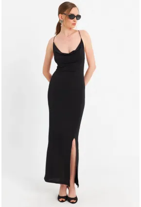Kadın Siyah Degaje Yaka Askılı Maxi Elbise DMR289