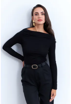 Kadın Siyah Degaje Yaka Büzgülü Bluz AYD386