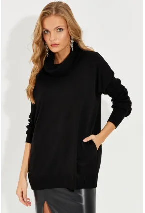 Kadın Siyah Degaje Yaka Cepli Triko Kazak YZ519