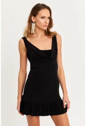Kadın Siyah Degaje Yaka Mini Elbise HOR0078