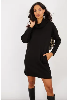 Kadın Siyah Degaje Yaka Triko Mini Elbise YV73