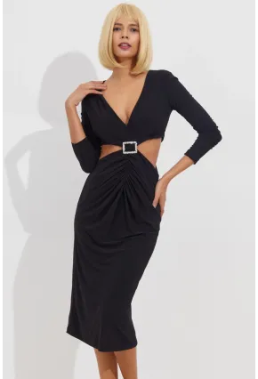 Kadın Siyah Dekolteli Büzgülü Midi Elbise BK1591