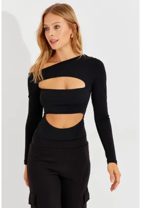 Kadın Siyah Dekolteli Çıtçıtlı Body MEN2009