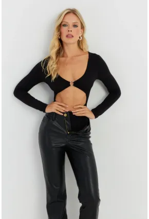 Kadın Siyah Dekolteli Çıtçıtlı Body MEN2026