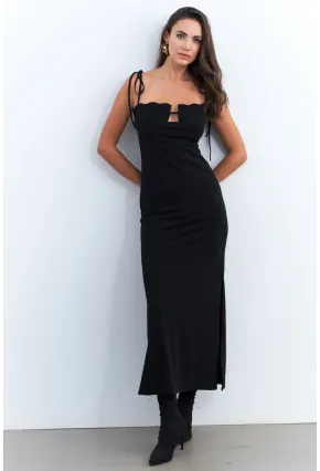 Kadın Siyah Dekolteli Yırtmaçlı Maxi Elbise YEL95