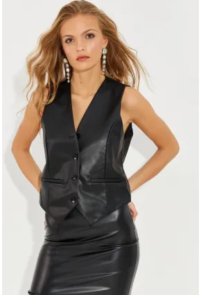 Kadın Siyah Deri Yelek ELA3081