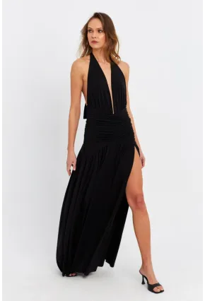 Kadın Siyah Derin Yırtmaçlı Büzgülü Midi Elbise B6008