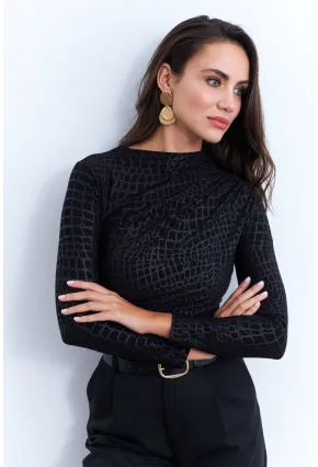 Kadın Siyah Desenli Büzgülü Bluz LPP1279
