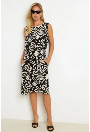 Kadın Siyah Desenli Cepli Midi Elbise YZ1059