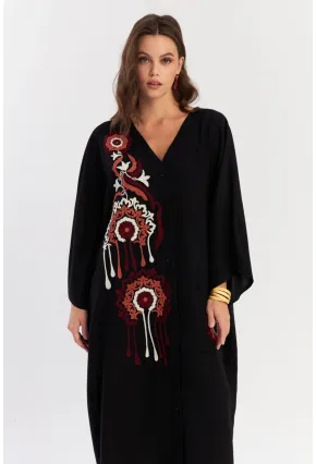 Kadın Siyah Desenli Maxi Dokuma Elbise ALO150