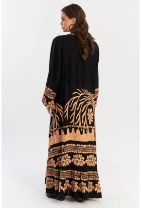 Kadın Siyah Desenli Maxi Dokuma Elbise ALO237