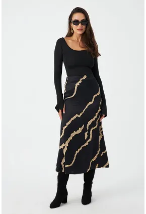 Kadın Siyah Desenli Saten Etek CAR1060