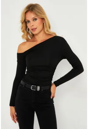 Kadın Siyah Drapeli Bluz B5004