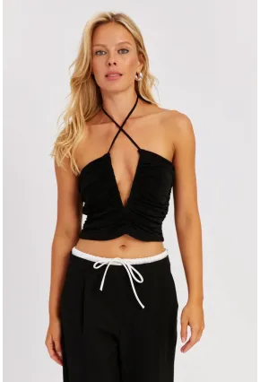 Kadın Siyah Drapeli Crop Bluz KED154