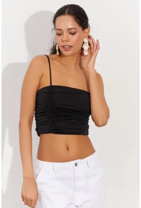 Kadın Siyah Drapeli Crop Bluz LPP1216