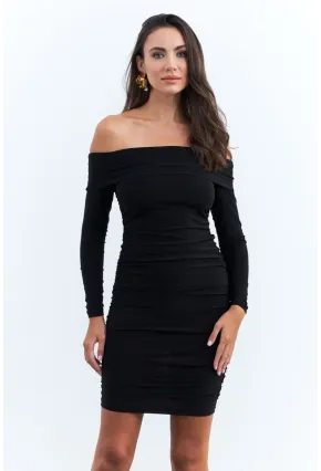 Kadın Siyah Drapeli Degaje Mini Elbise ELT3697