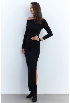 Kadın Siyah Drapeli Maxi Elbise SHR7