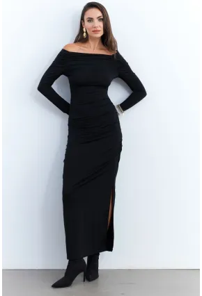 Kadın Siyah Drapeli Maxi Elbise SHR7