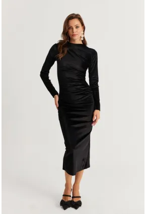 Kadın Siyah Drapeli Midi Elbise MON1113