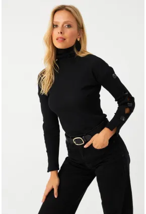 Kadın Siyah Düğme Aksesuarlı Balıkçı Kaşkorse Bluz EY2995