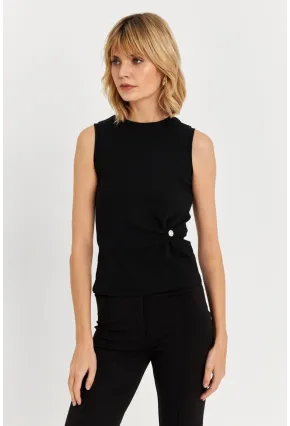 Kadın Siyah Düğme Aksesuarlı Büzgülü Bluz TF72