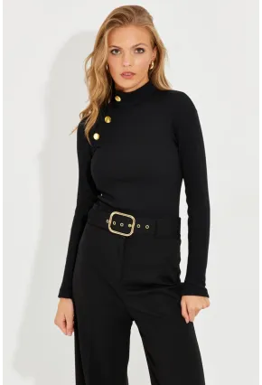 Kadın Siyah Düğme Aksesuarlı Kaşkorse Bluz EY2579