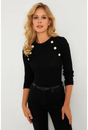 Kadın Siyah Düğme Aksesuarlı Kaşkorse Bluz EY2914