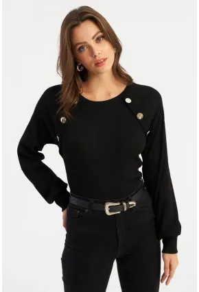 Kadın Siyah Dügme Aksesuarlı Kaşkorse Bluz EY2946