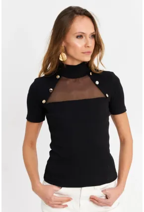 Kadın Siyah Düğme Aksesuarlı Kaşkorse Bluz TF56