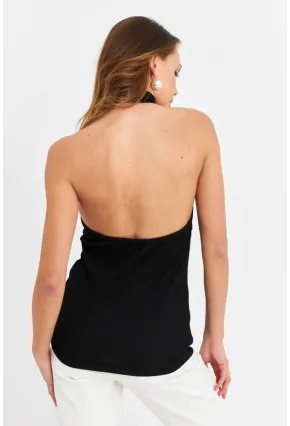 Kadın Siyah Düğme Aksesuarlı Kolsuz Bluz EY3065