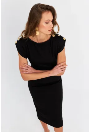 Kadın Siyah Düğme Aksesuarlı Vatkalı Midi Elbise MOD4272