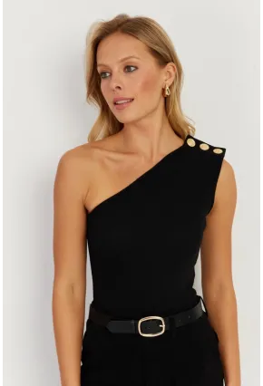 Kadın Siyah Düğme Detaylı Asimetrik Kaşkorse Bluz EY2711