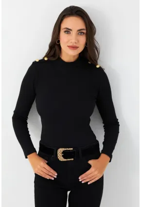 Kadın Siyah Düğme Detaylı Bluz MAYD14