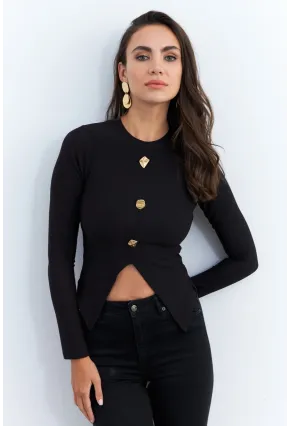 Kadın Siyah Düğme Detaylı Bluz RLO83