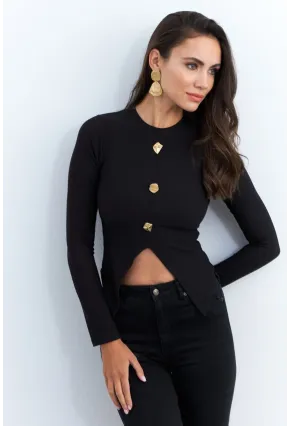 Kadın Siyah Düğme Detaylı Bluz RLO83
