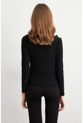 Kadın Siyah Düğme Detaylı Büzgülü Bluz LPP1223-1
