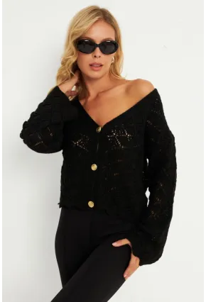 Kadın Siyah Düğme Detaylı Hırka YV276