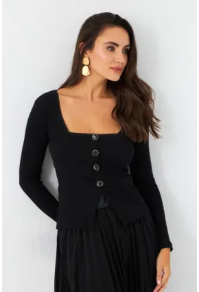 Kadın Siyah Düğme Detaylı Kare Yaka Bluz EY2987
