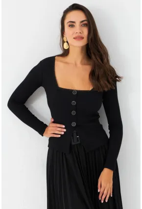Kadın Siyah Düğme Detaylı Kare Yaka Bluz EY2987